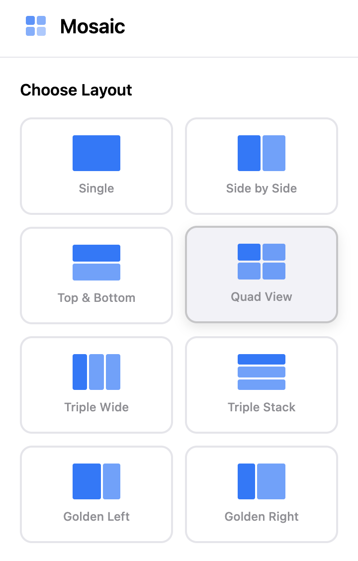 Mosaic extension layout selection interface showing different window arrangements